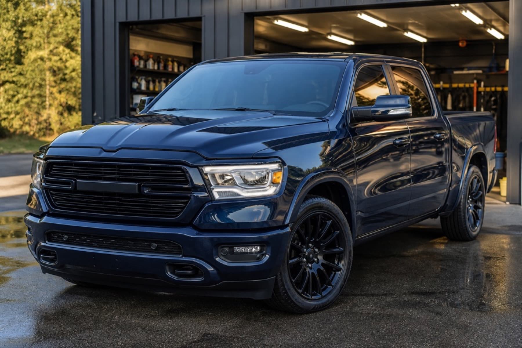 Clean dark blue pickup truck after professional detailing
