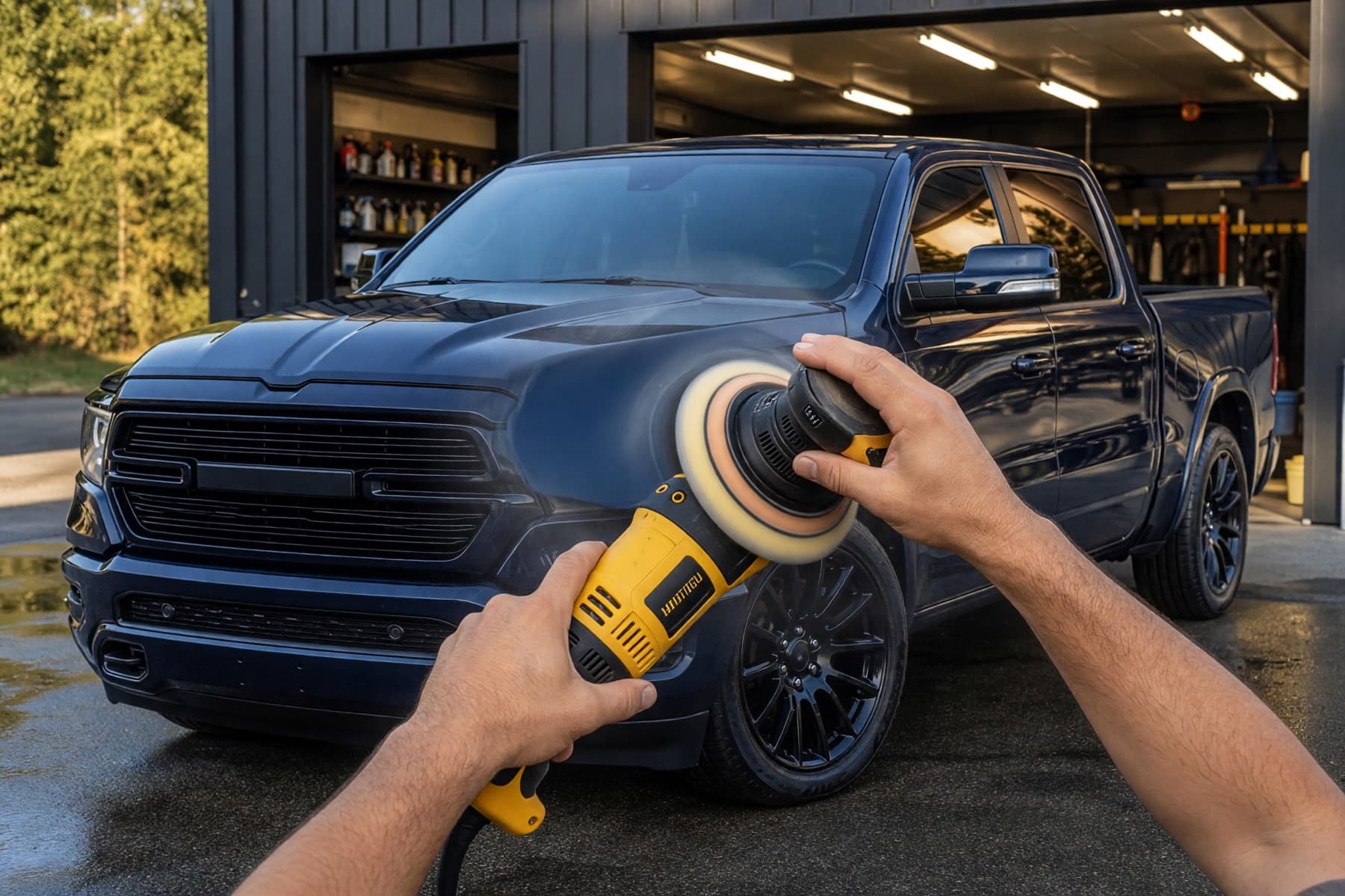 Auto detailer polishing a dark blue pickup truck
