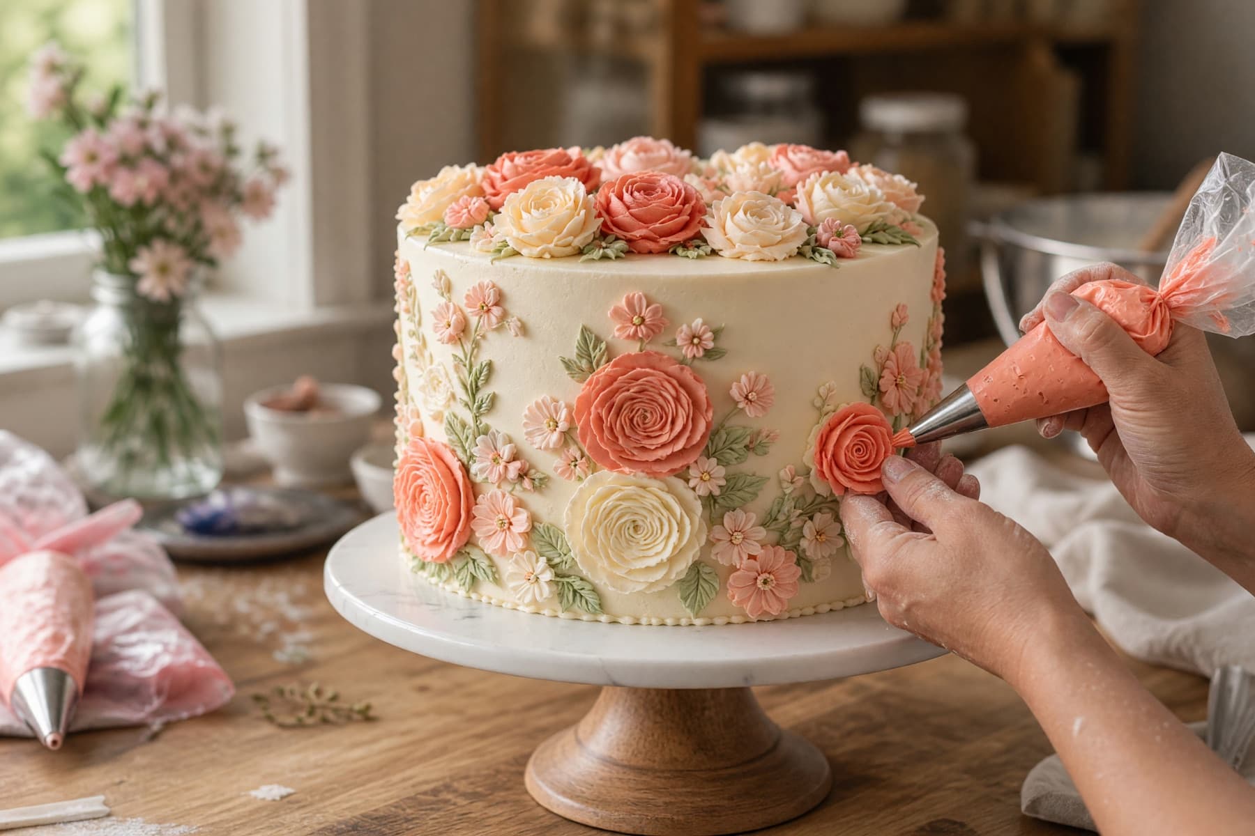 Cake baker piping floral details onto a custom cake
