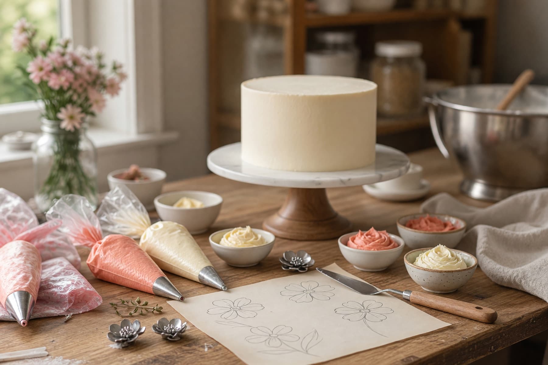 Buttercream colors and floral cake design materials prepared on a workbench