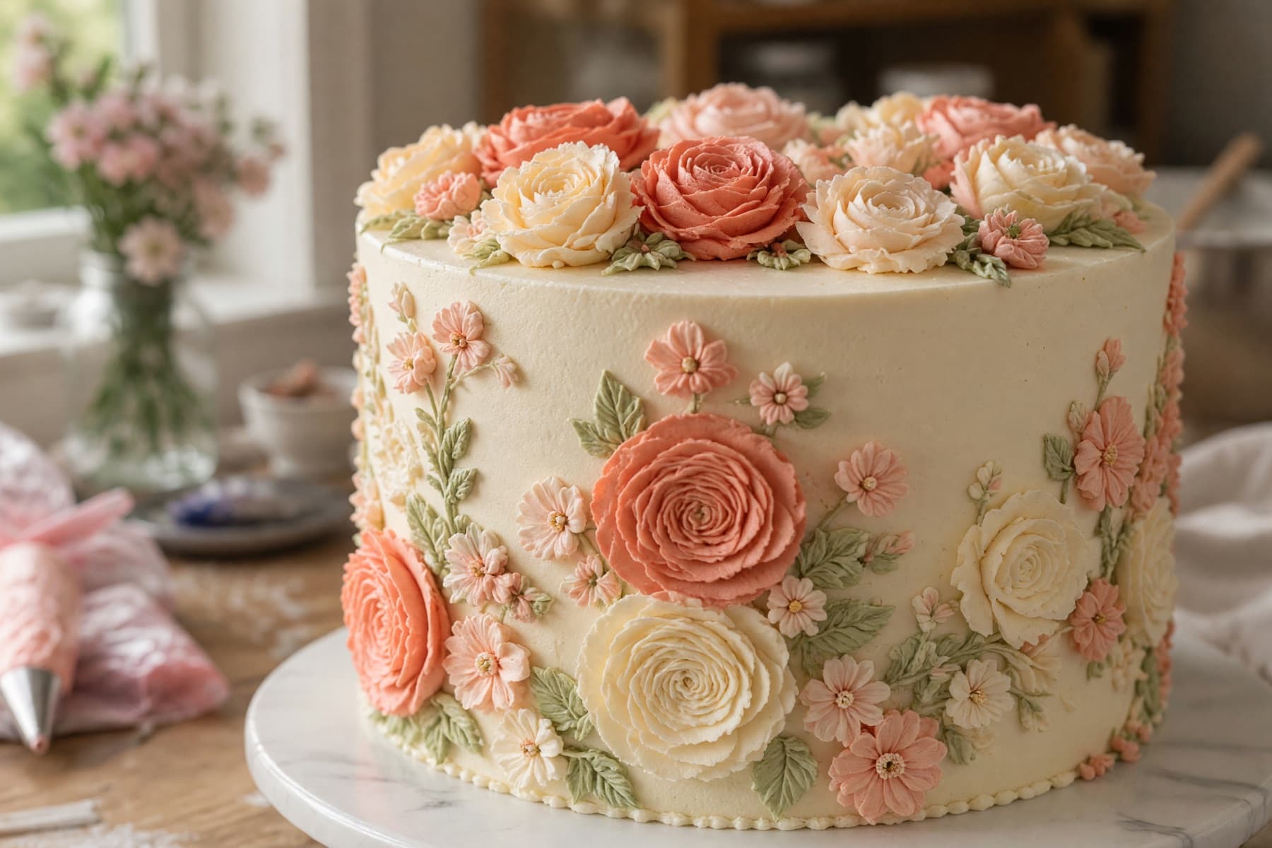 Close view of handcrafted buttercream flowers on a custom cake