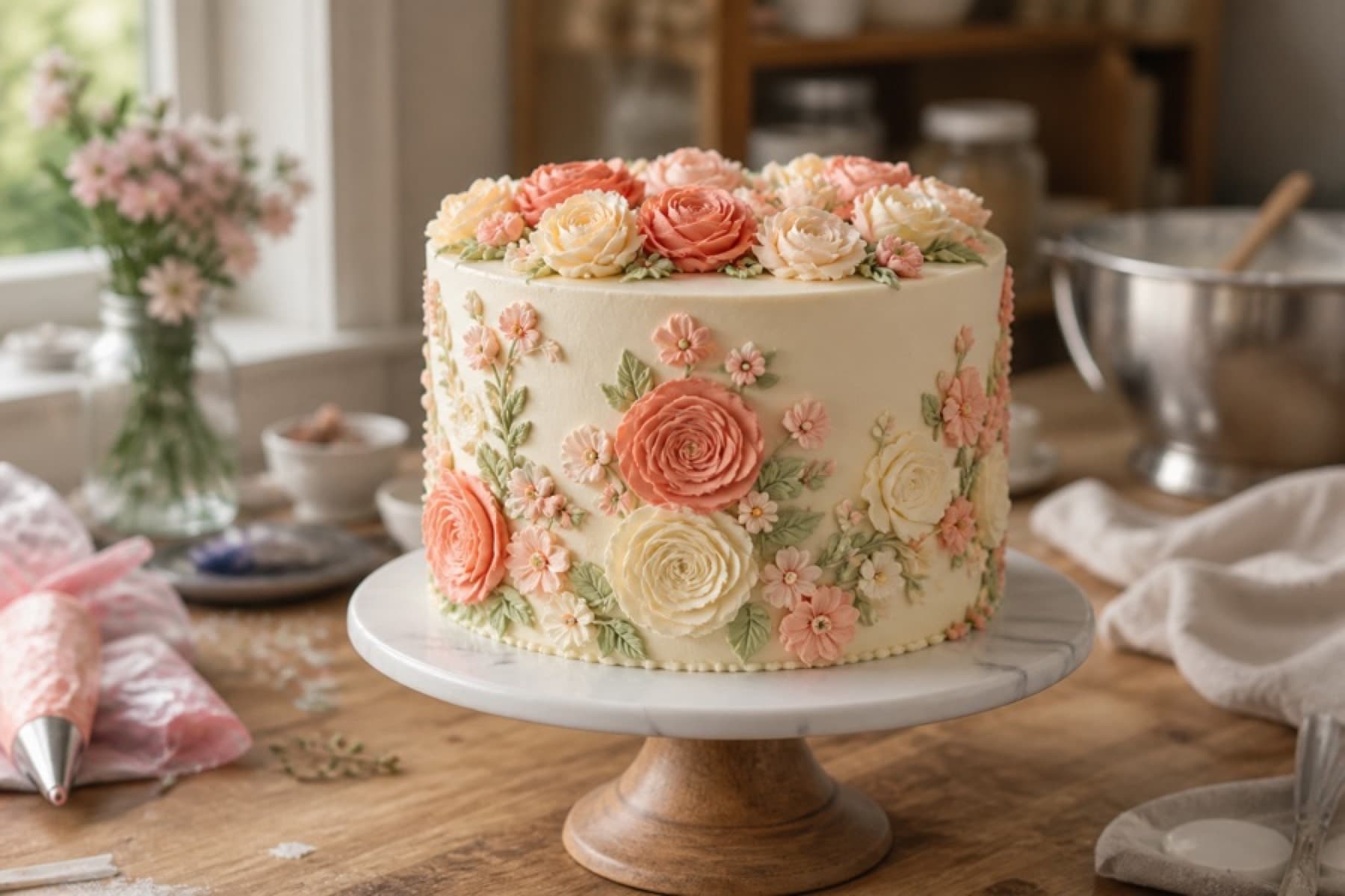 Finished floral custom cake on a bakery workbench