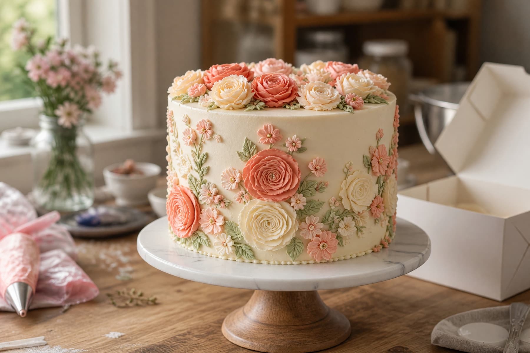Finished custom celebration cake ready for customer pickup