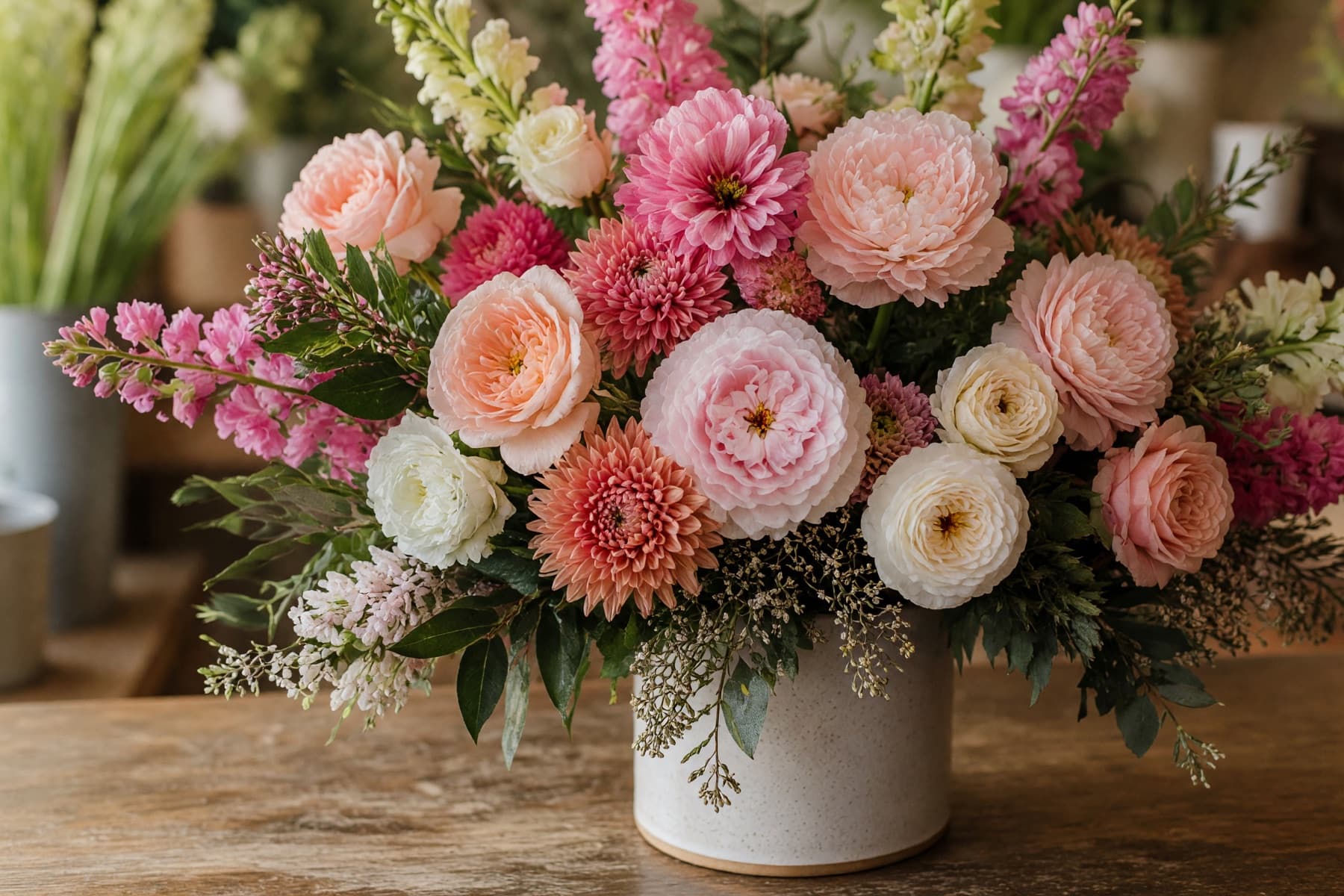 Close view of roses and seasonal flowers in a custom arrangement