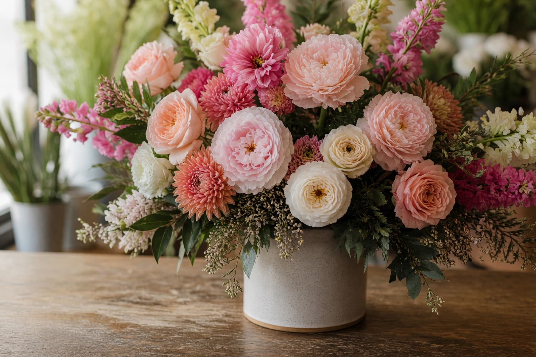 Detailed view of a finished custom floral arrangement