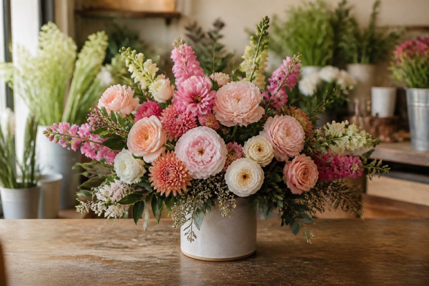 Finished pink and cream flower arrangement on a florist workbench