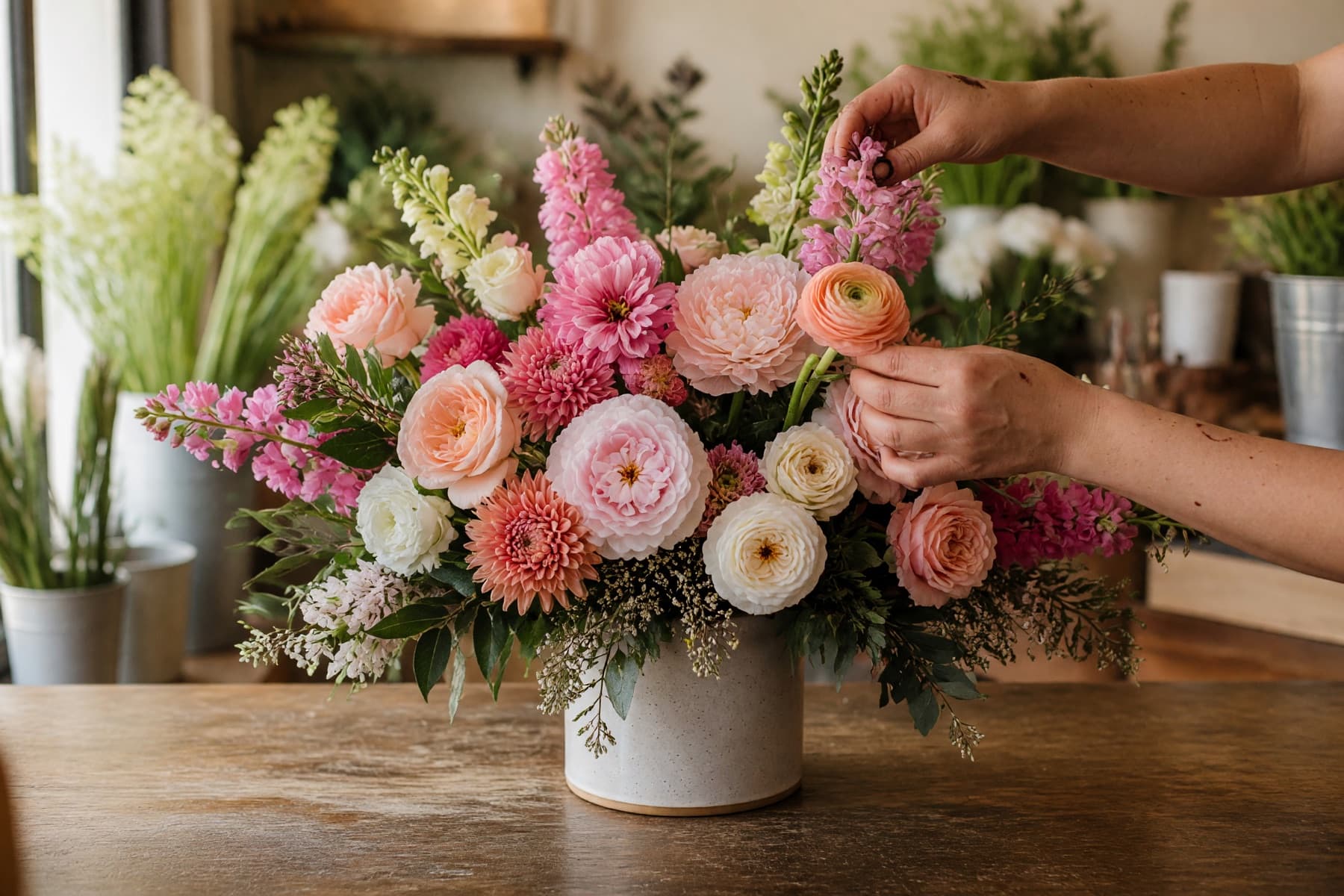 Florist assembling a pink and cream custom flower arrangement