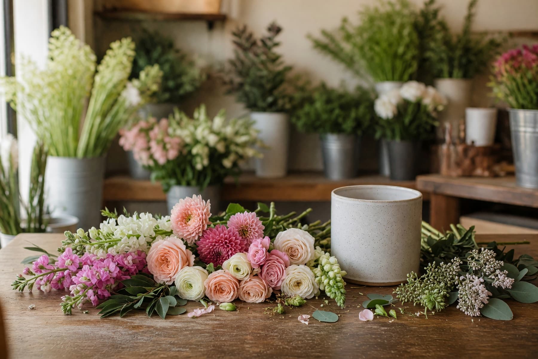 Fresh flowers and greenery prepared for a custom arrangement