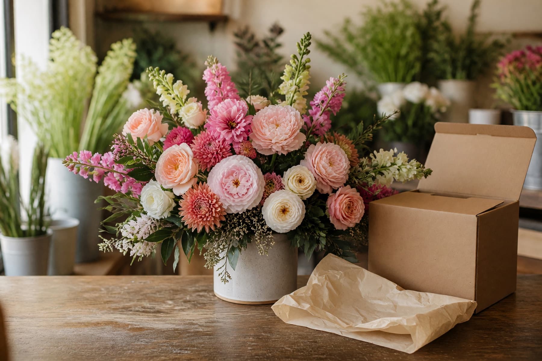 Custom flower arrangement ready for customer delivery