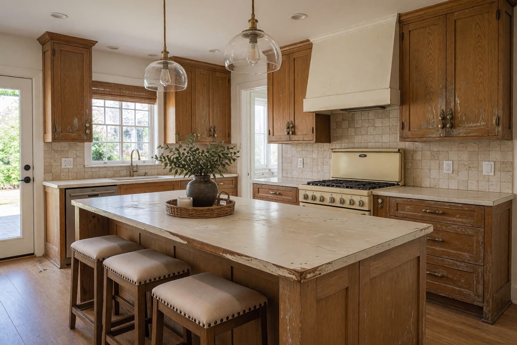 Dated cabinets and counters before a kitchen renovation