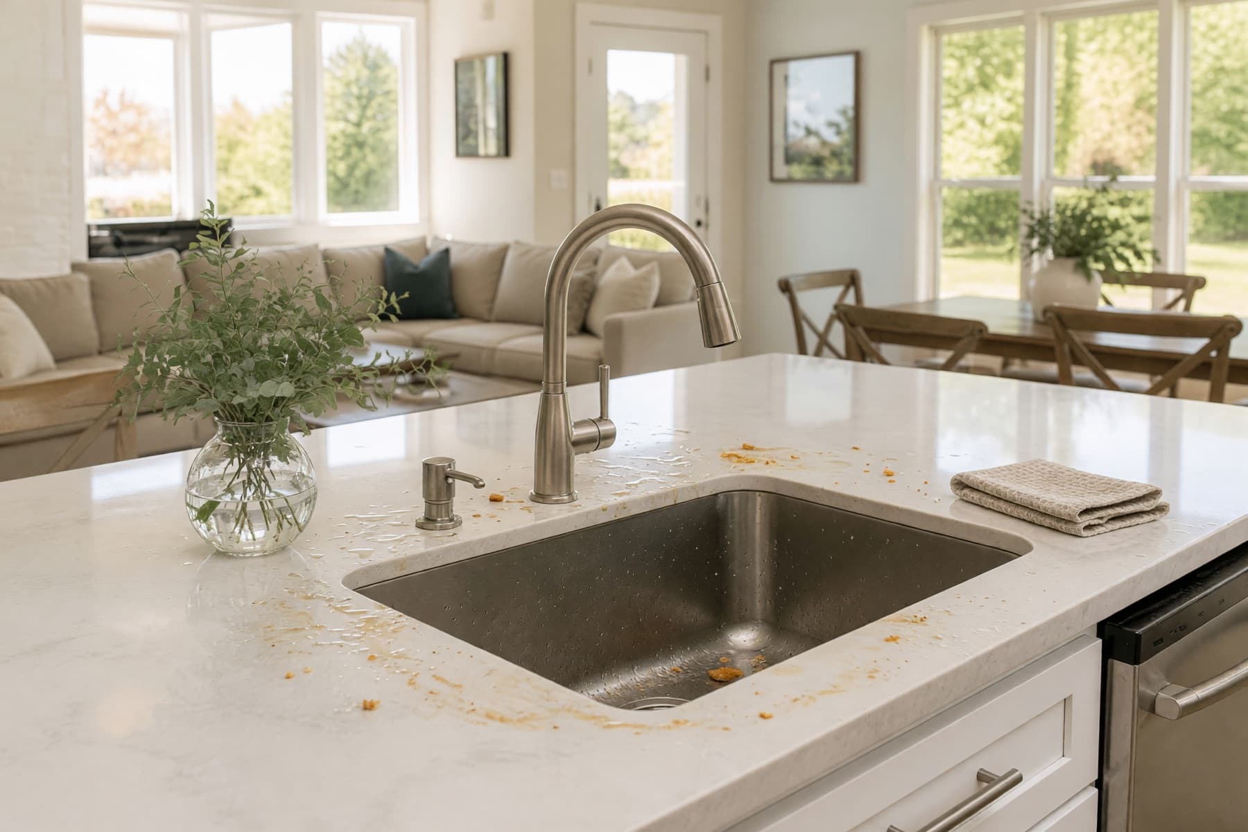 Kitchen counter and sink before professional cleaning