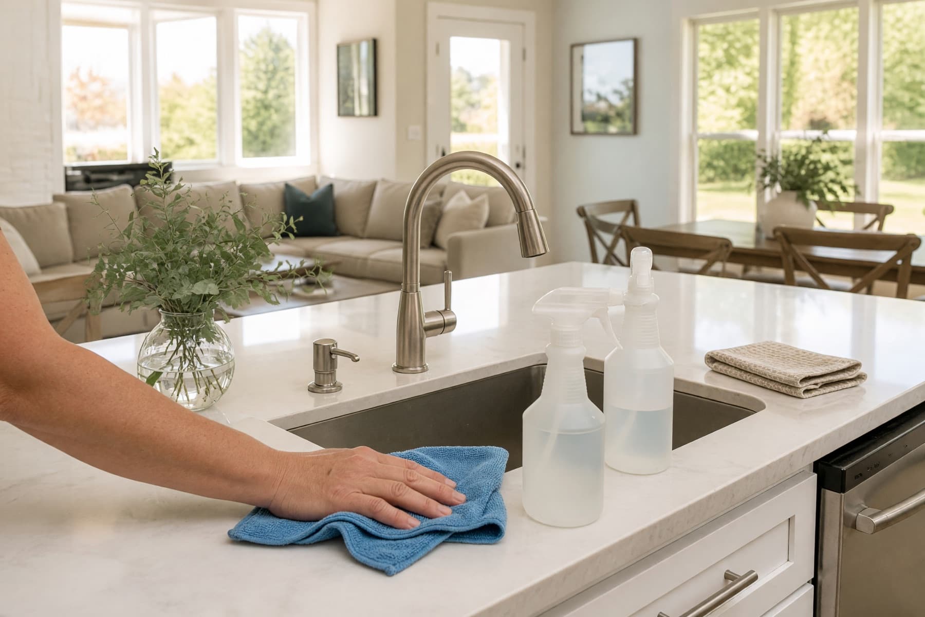 House cleaner wiping a residential kitchen counter