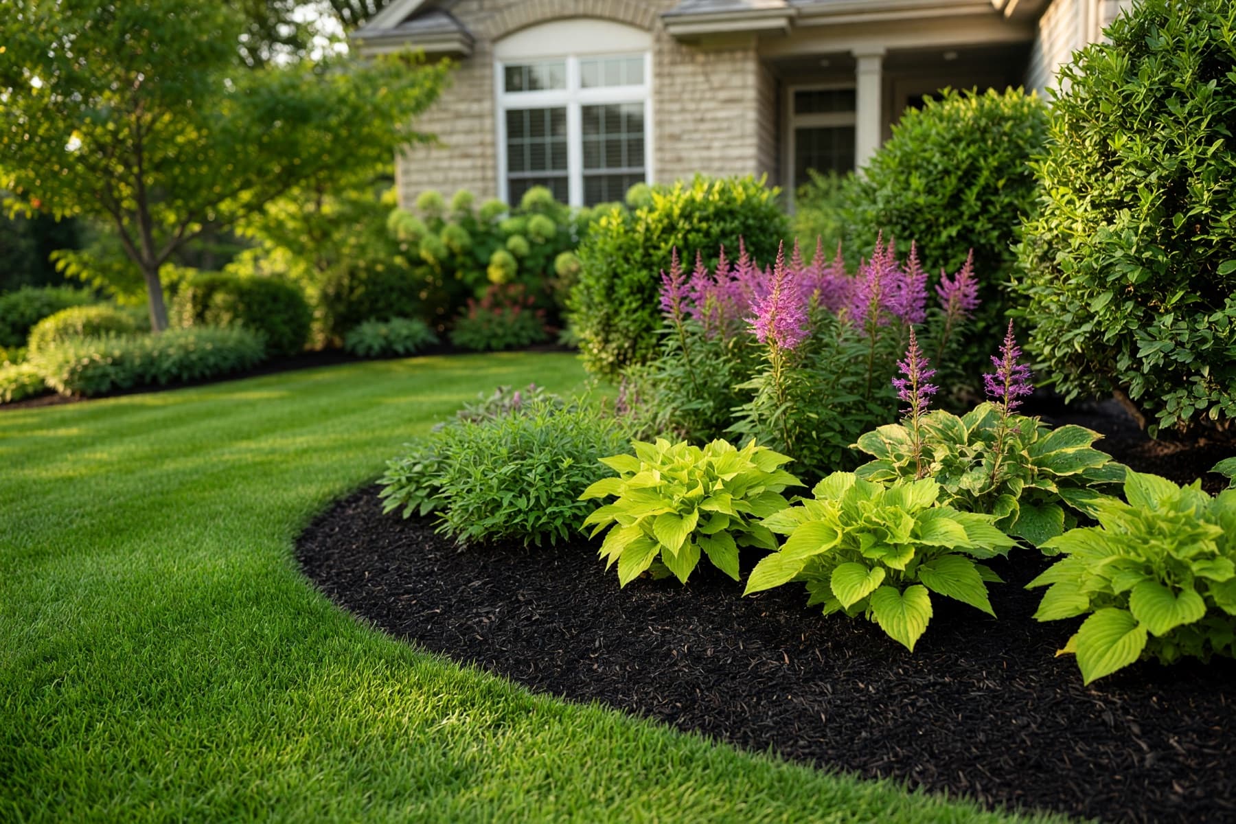 Fresh mulch and detailed planting bed after landscaping