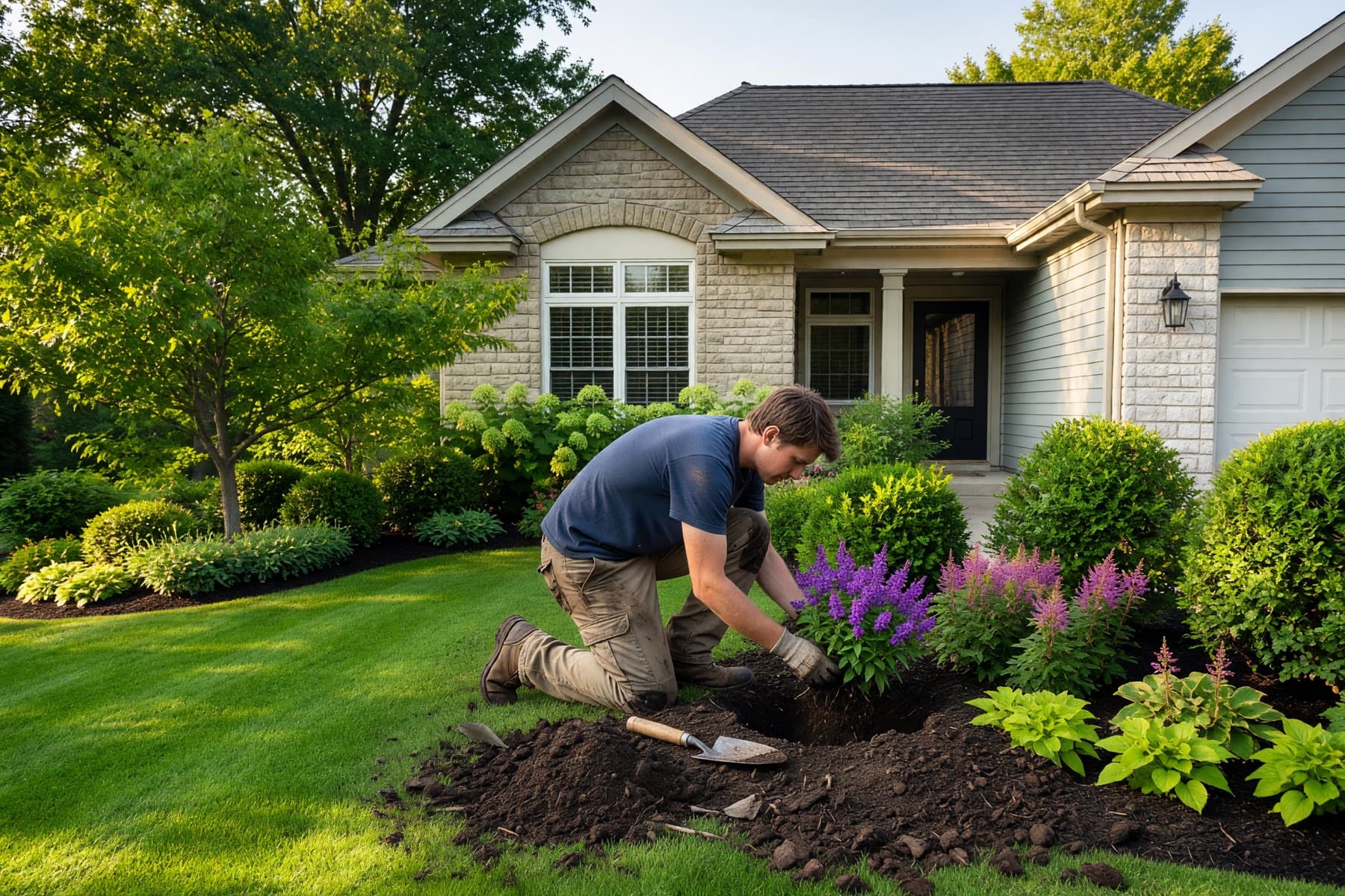 Landscaper installing plants in a residential front yard
