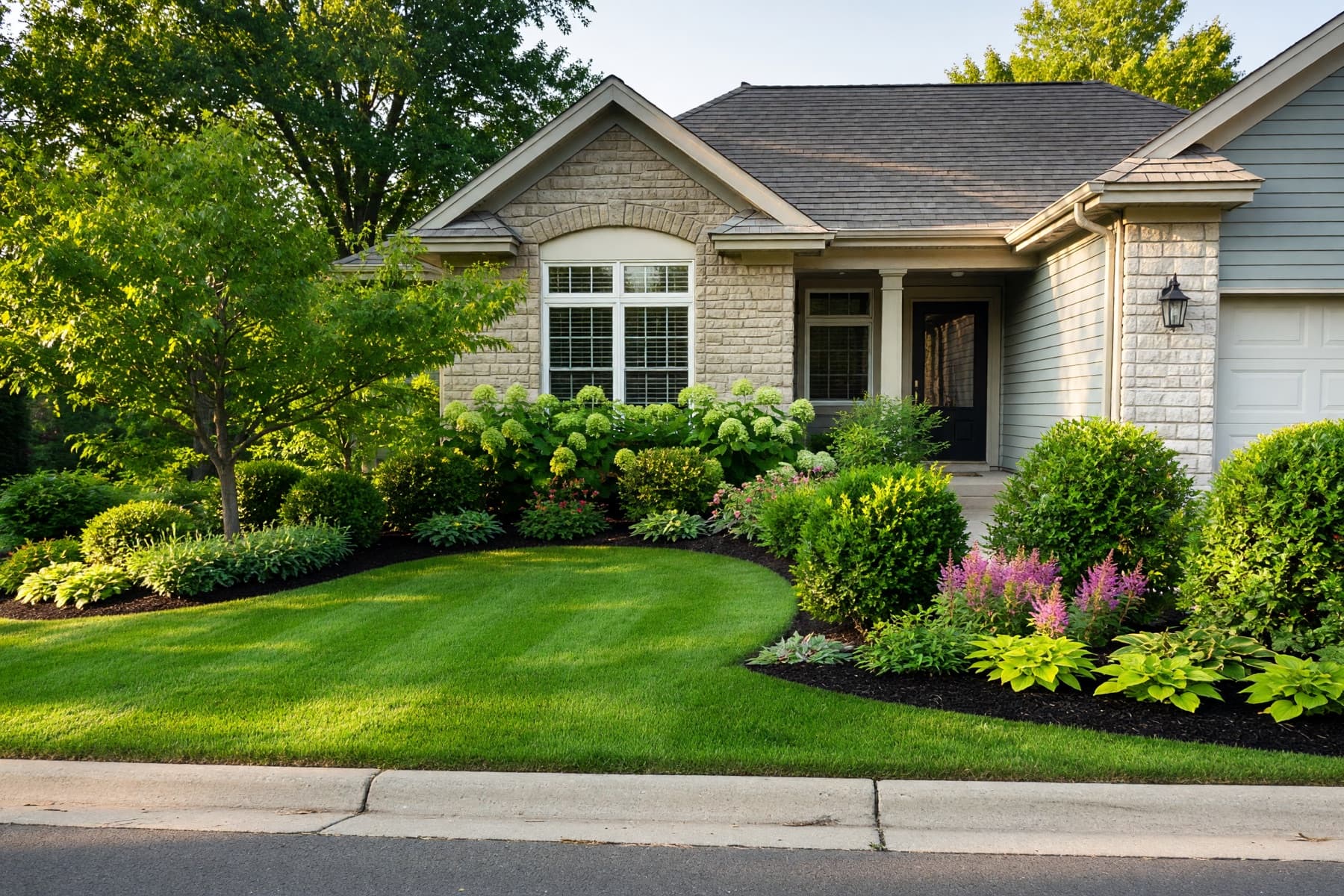 Completed lawn and landscape improving residential curb appeal