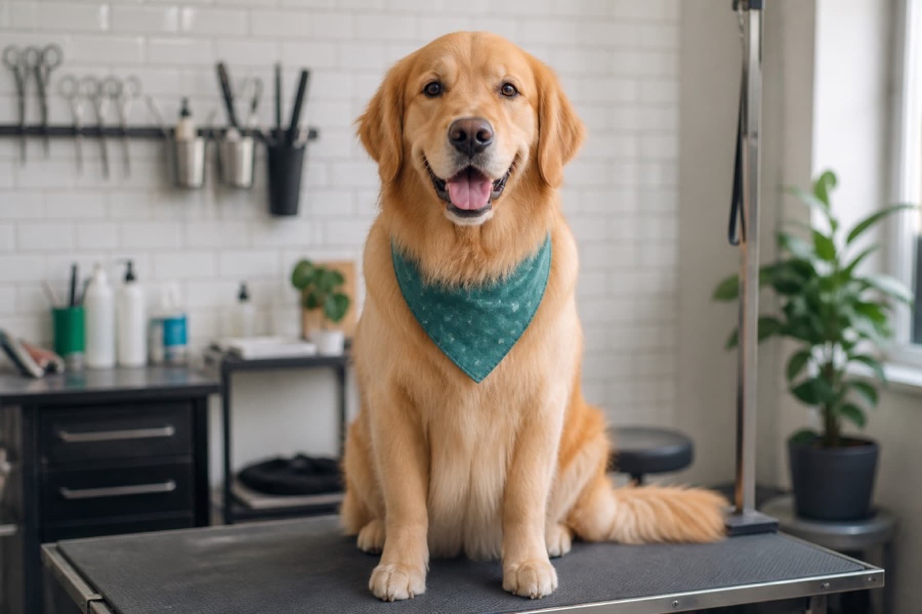 Freshly groomed golden retriever on a grooming table