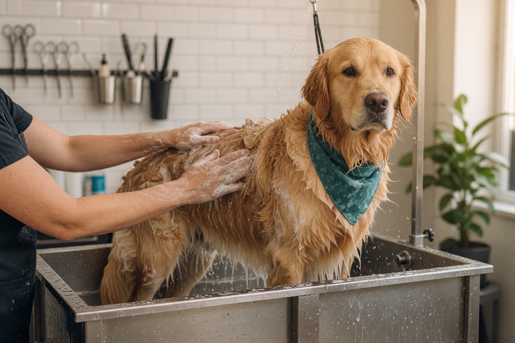 Golden retriever receiving a gentle bath at a grooming salon