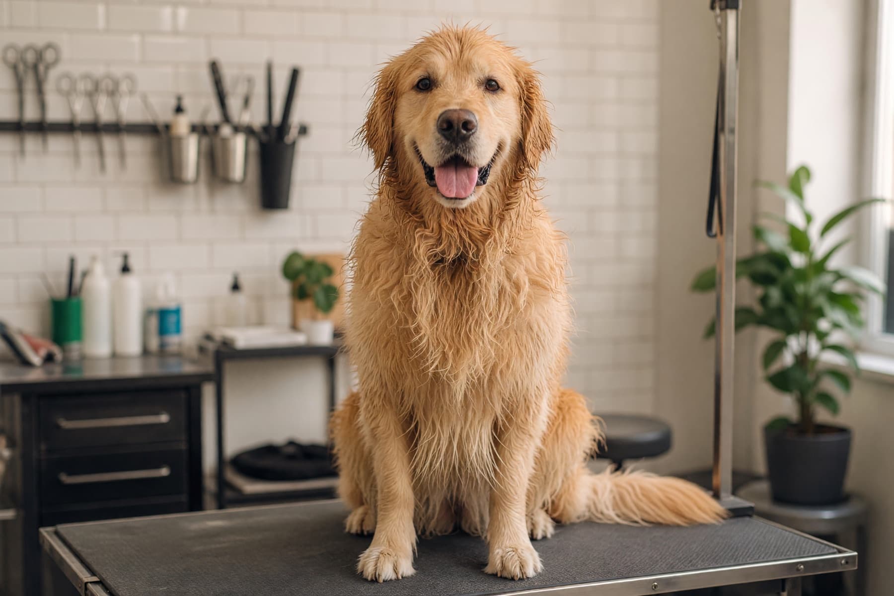 Golden retriever before a professional grooming appointment