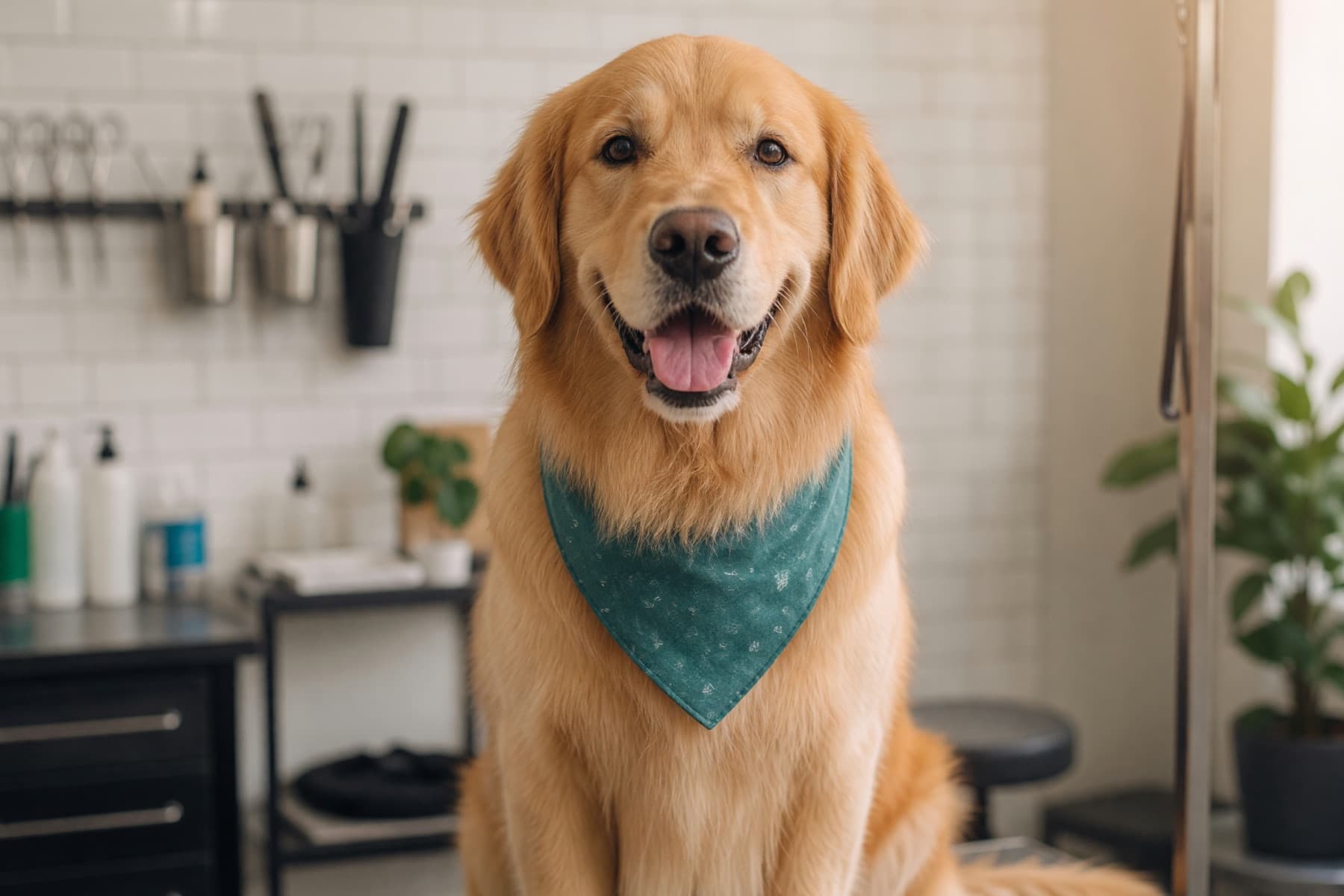 Happy golden retriever after a finished grooming appointment