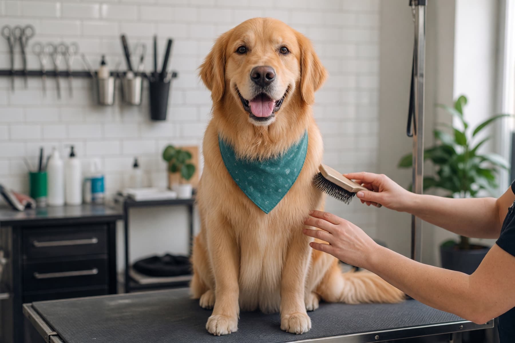 Pet groomer brushing and finishing a golden retriever coat