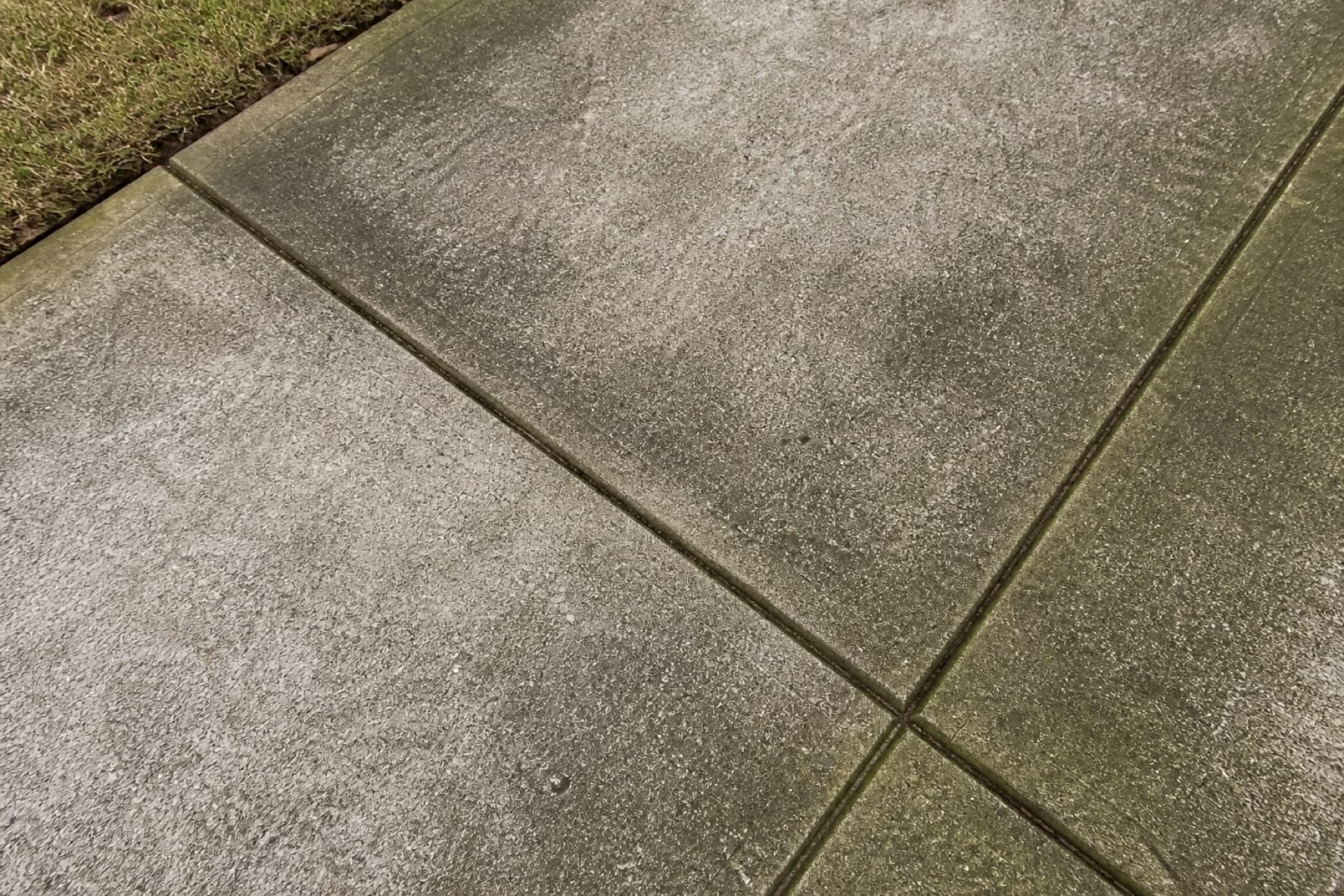 Close view of dirt and organic staining on a concrete driveway