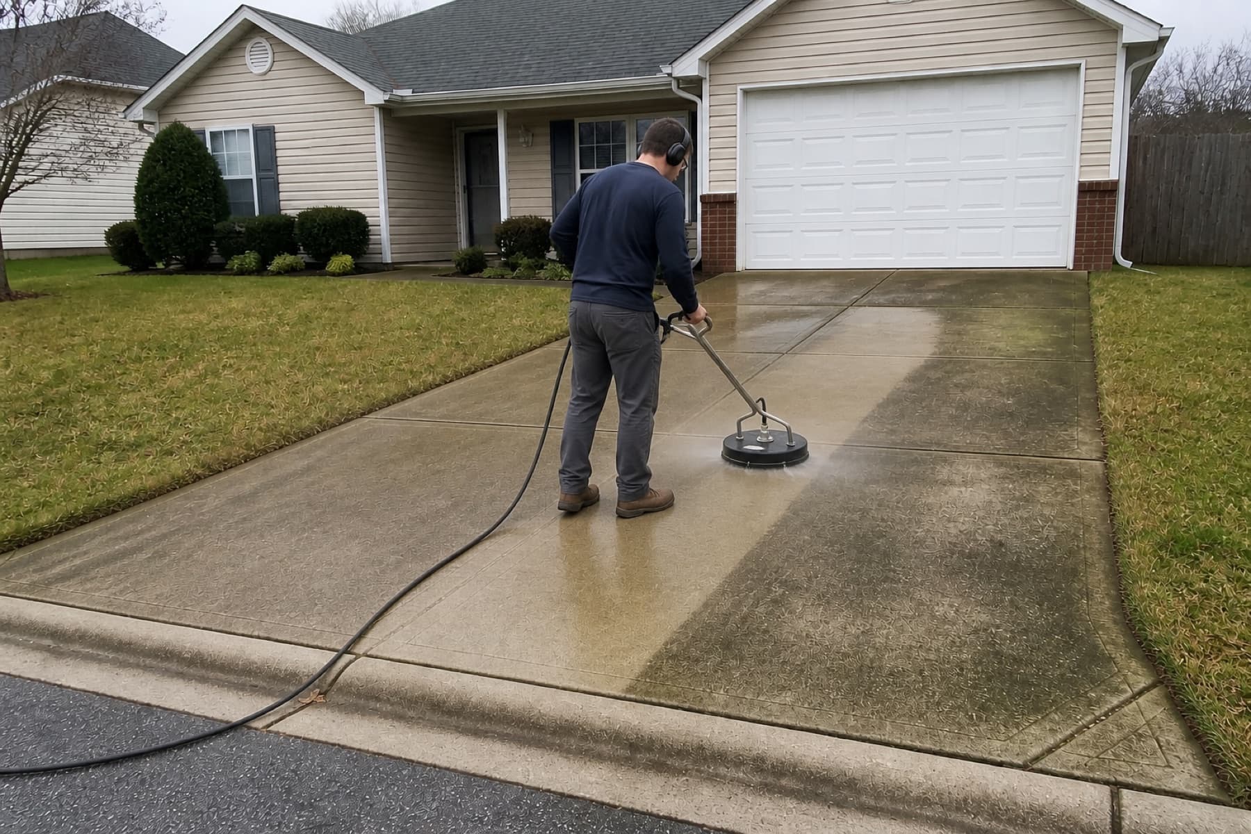 Pressure washing professional cleaning a residential concrete driveway